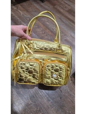 Hello Kitty Gold Quilted Shoulder Bag with Multiple Zippered Pockets, New